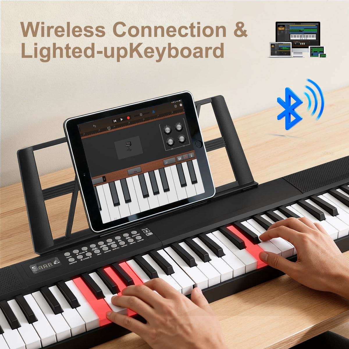 Doulami Piano 61 Key Electric Keyboard Piano with Lighted Keys LCD Display Folding Piano Keyboard for Beginner 200 Tones Rhythms