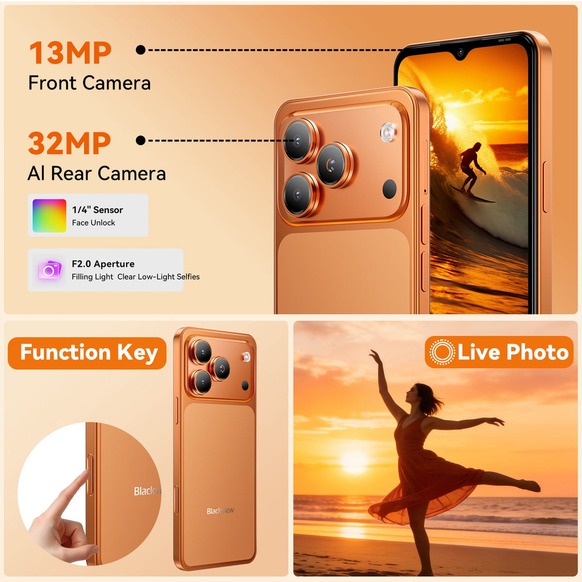 Blackview WAVE 7C Unlocked Cell Phone,Android 16 Smartphone,16GB+64GB/2TB Expandable,6.56" Display,5000mAh Battery,32MP Camera,Dual SIM,IP54,3-Year Warranty,Orange