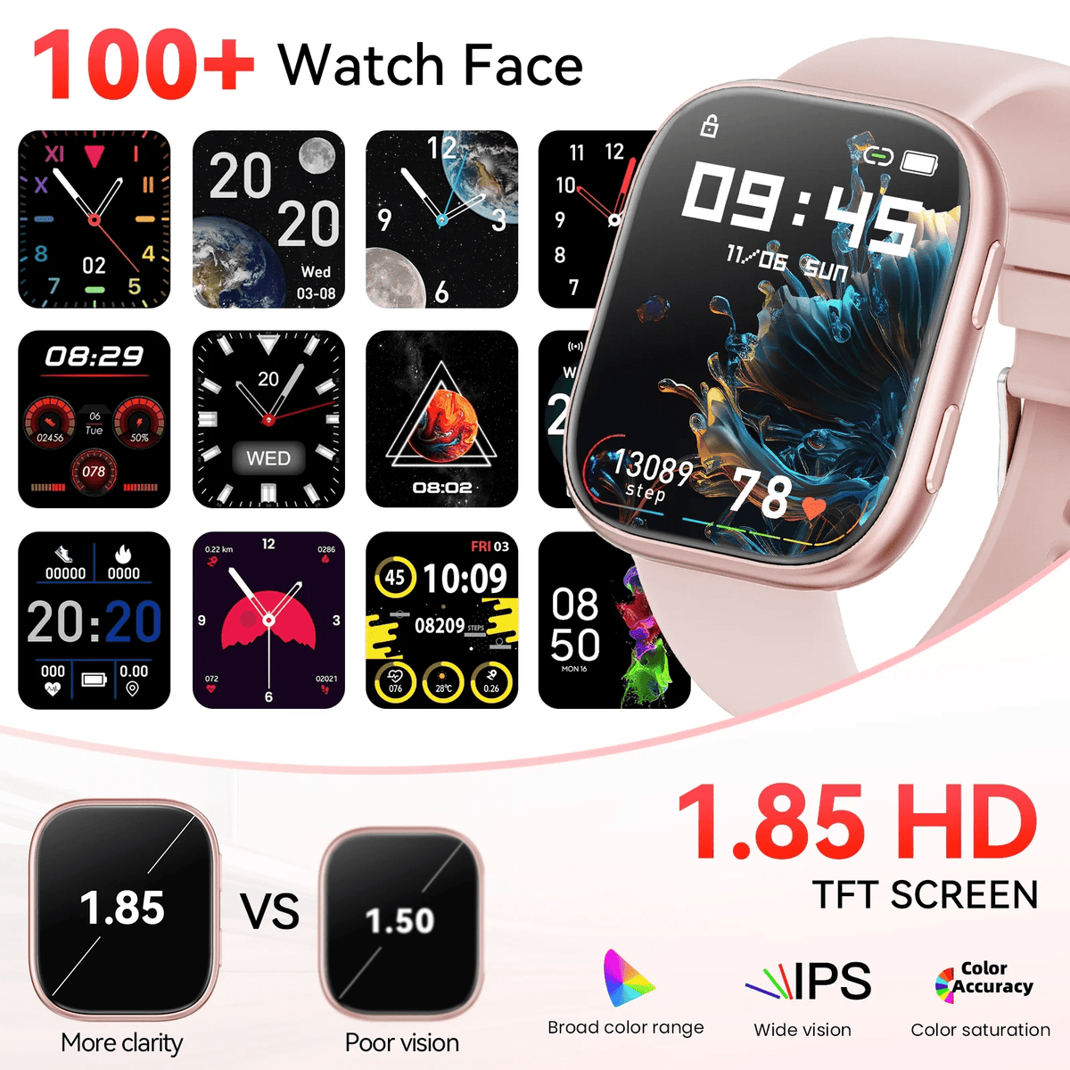 Smart Watch Fits for Android & iPhone, 1.85 inch Fitness Tracker, Men Womens Smartwatch with Make/Answer Calls/Message Reminder/100+ Sports Models, IP68 Waterproof Pedometer Watch, Perfect Gift, Pink