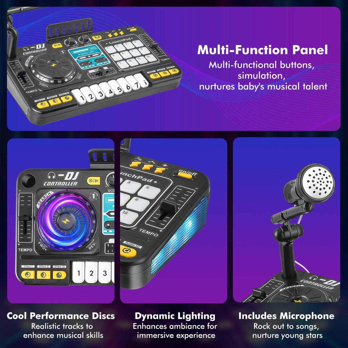 Doulami DJ Mixer Controller Table For Kids with Microphone Lights, Interactive Musical Wireless Bluetooth ,Multi-function Audio Mixer for Beginners