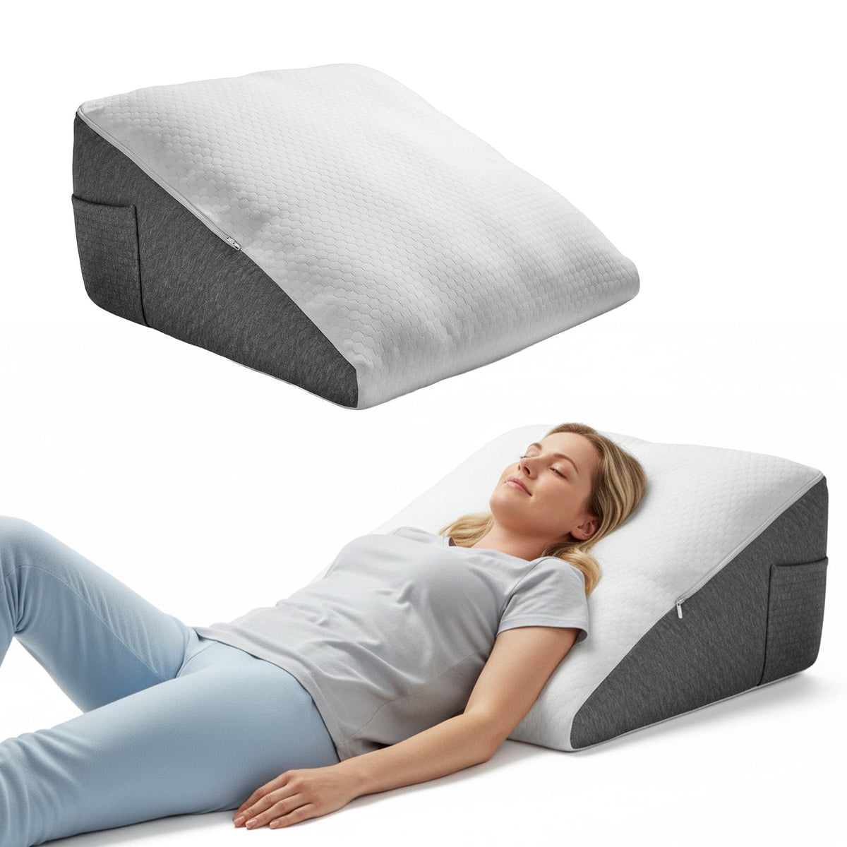AMTPM Bed Wedge Pillow, Double Layer Memory Foam Wedge Pillow with Detachable Roll Pillow, Washable Cover & Side Pocket for Reading Relaxing