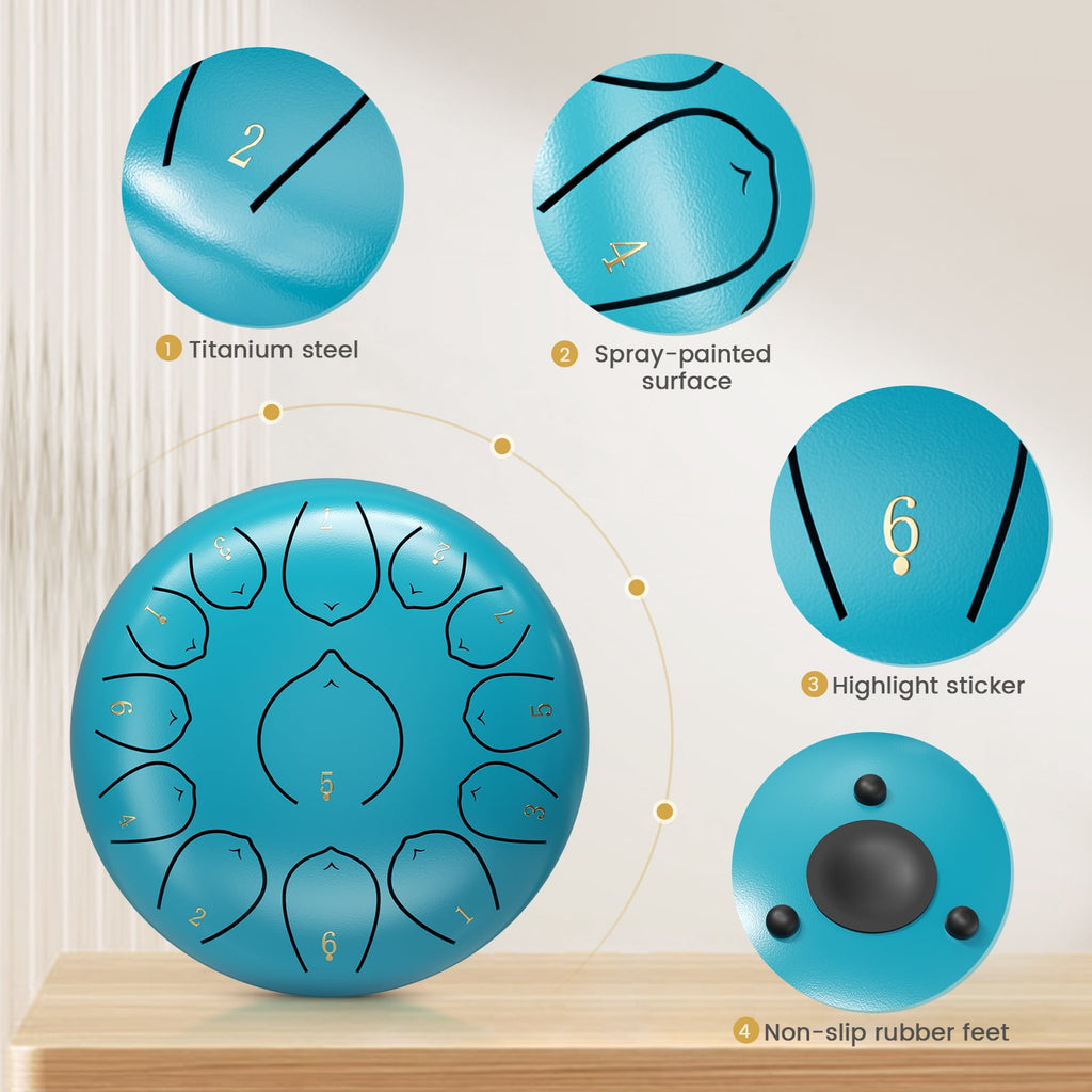 Doulami Tongue Drum 12" 13 Notes Steel Tongue Drum with Mallets and Carry Bag, C Major Hand Pan Drums, Blue