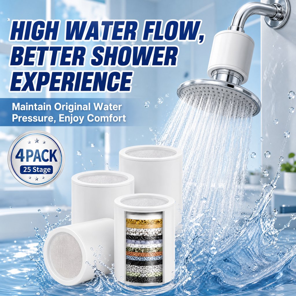 Doulami Shower Filter Replacement, 4-Pack 25-Stage Filtration, Universal Fit Most Shower Heads, High Water Flow, Soft on Skin & Hair