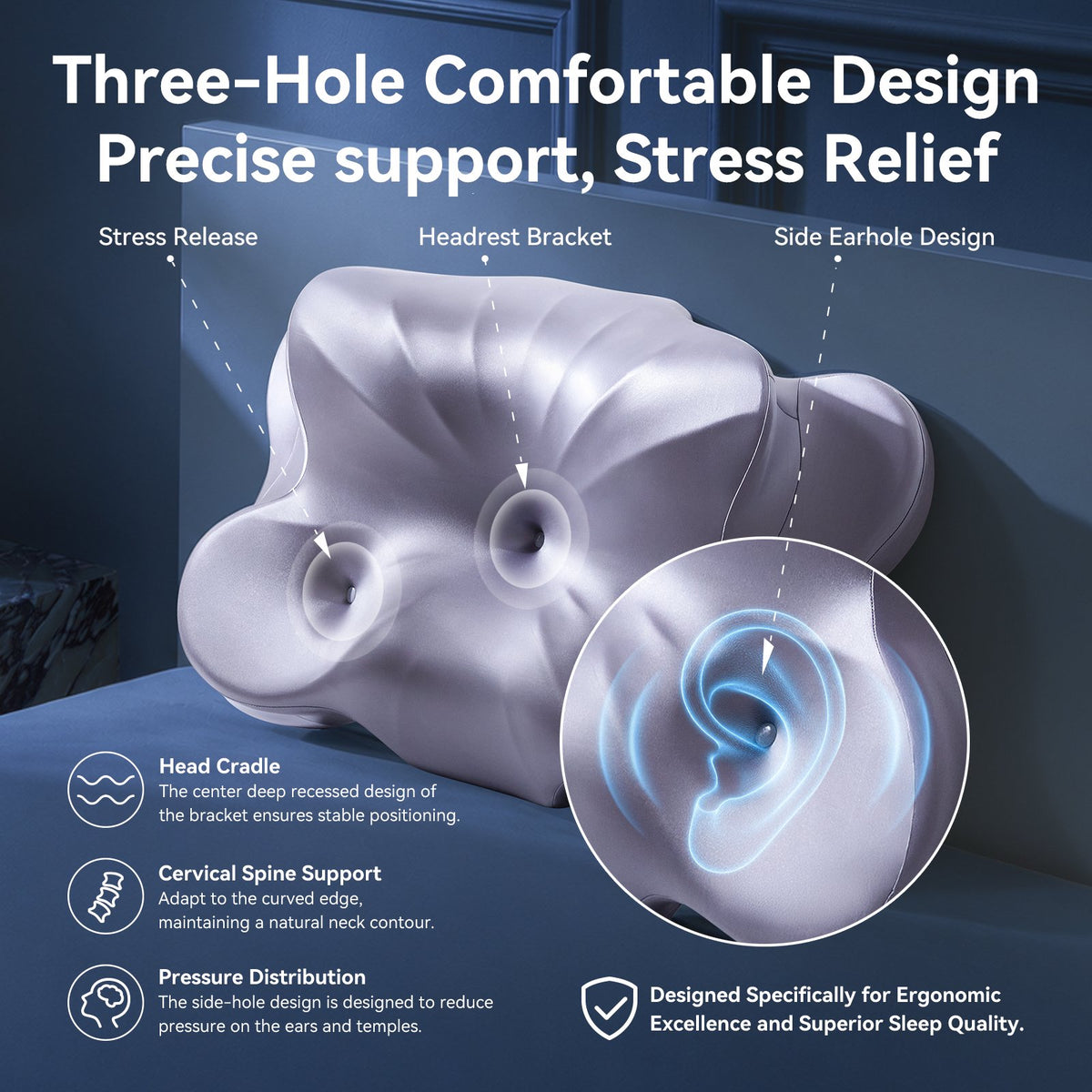 Cervical Neck Pillow - Ergonomic Side Sleeper Pillow for Pain Relief, Contour Cervical Pillow for Sleeping, Memory Foam Pillows for Neck Support, Orthopedic Bed Pillow for Back Stomach Sleepers