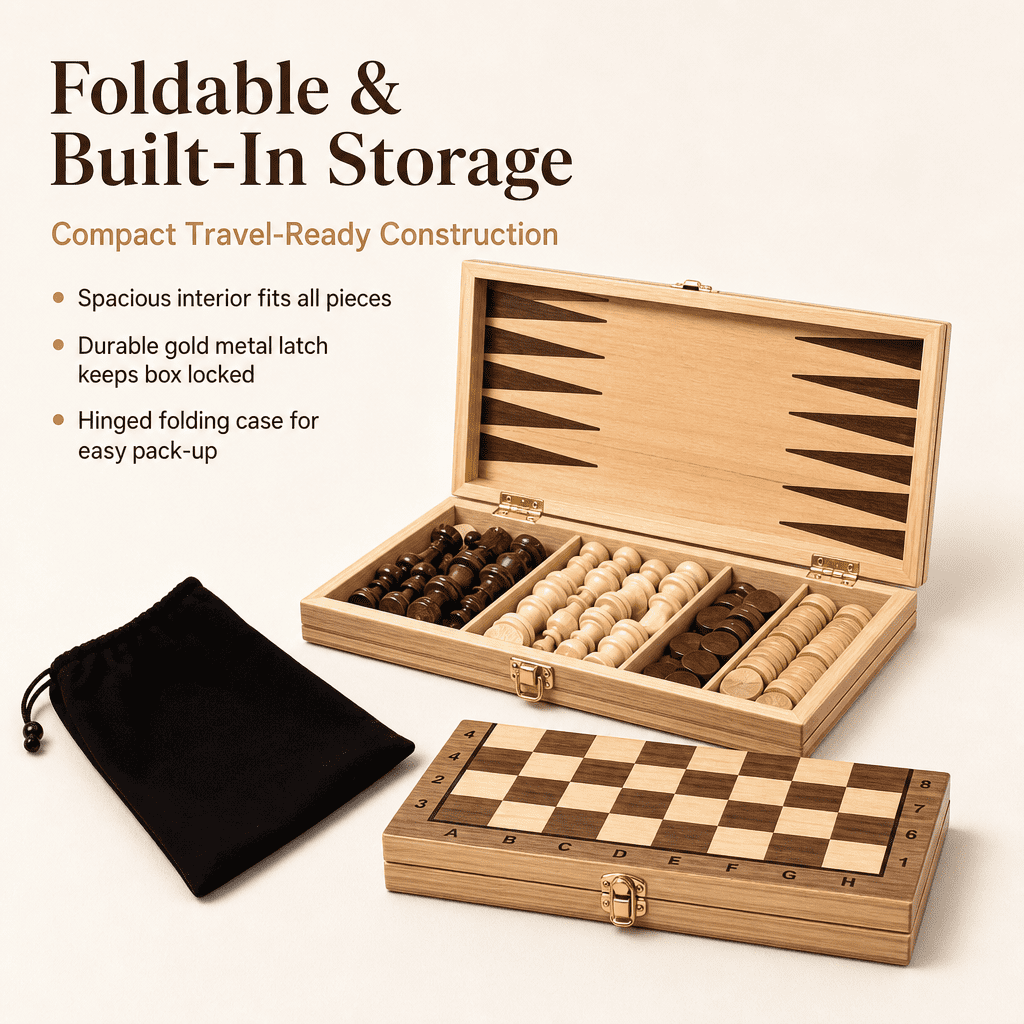 Doulami Chess Board, 3-in-1 Chess Checkers & Backgammon Set, Foldable Portable Travel Strategy Game, Eco-Friendly Solid Wood for Adults & Teens