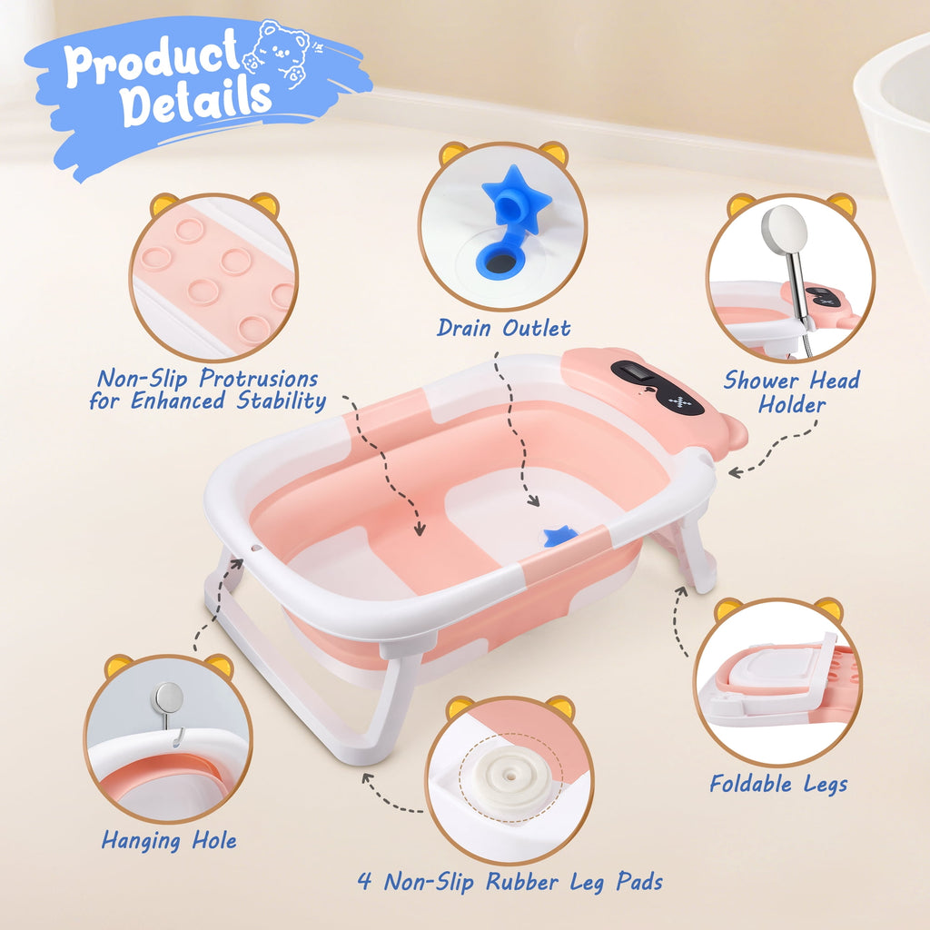 Doulami Baby Bathtub for Infants Collapsible Baby Tubs for Newborns with Cushion and Thermometer, 0-36 Month(Pink)