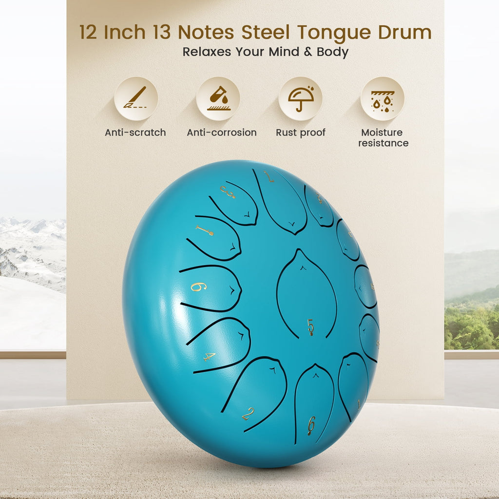 Doulami Tongue Drum 12" 13 Notes Steel Tongue Drum with Mallets and Carry Bag, C Major Hand Pan Drums, Blue