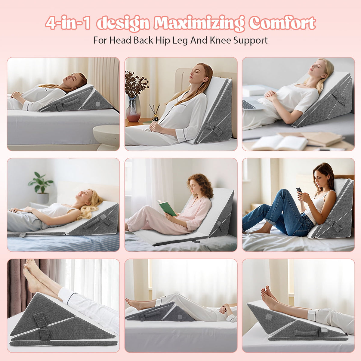 AMTPM 4-in-1 Wedge Pillow，7.5-12 Inches Adjustable Height , Separable Dual-Layer Memory Foam Bed Wedge Pillow for Acid Reflux, Snoring & Pregnancy