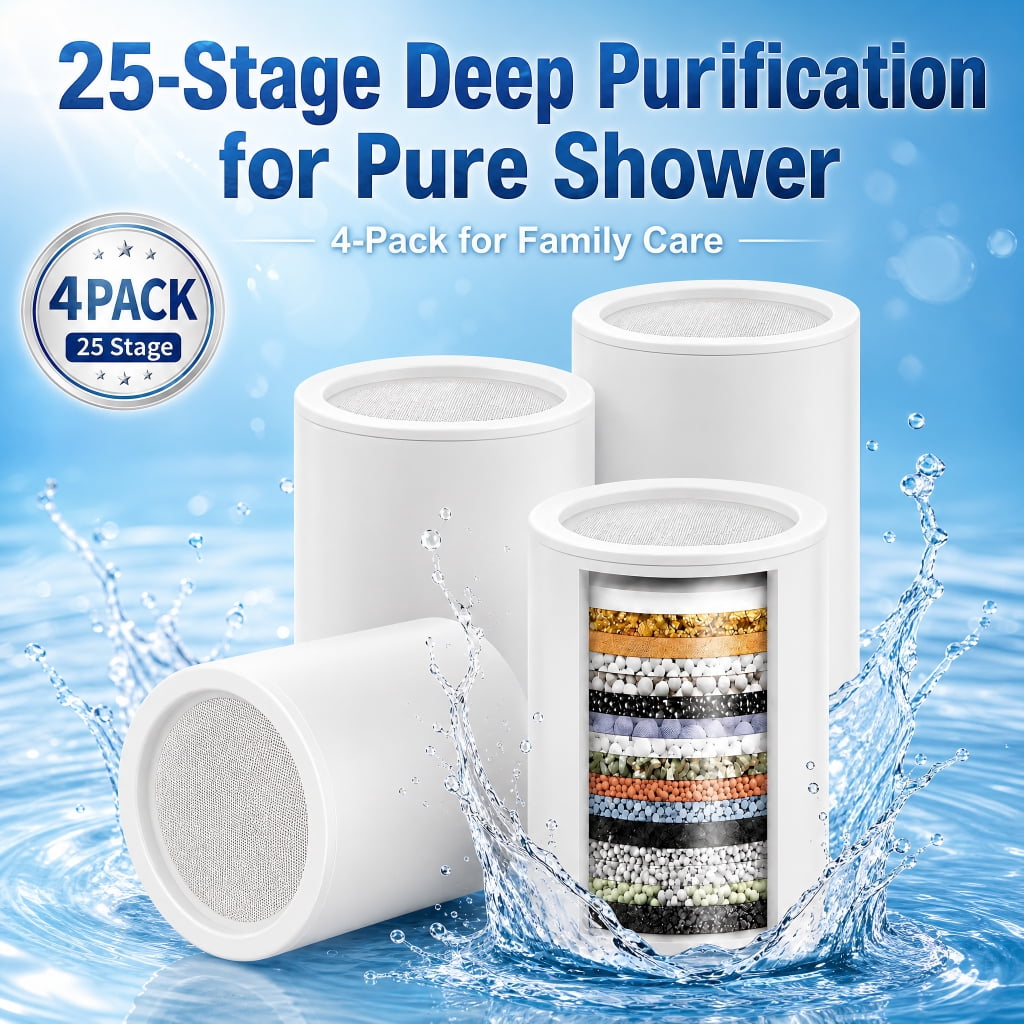 Doulami Shower Filter Replacement, 4-Pack 25-Stage Filtration, Universal Fit Most Shower Heads, High Water Flow, Soft on Skin & Hair