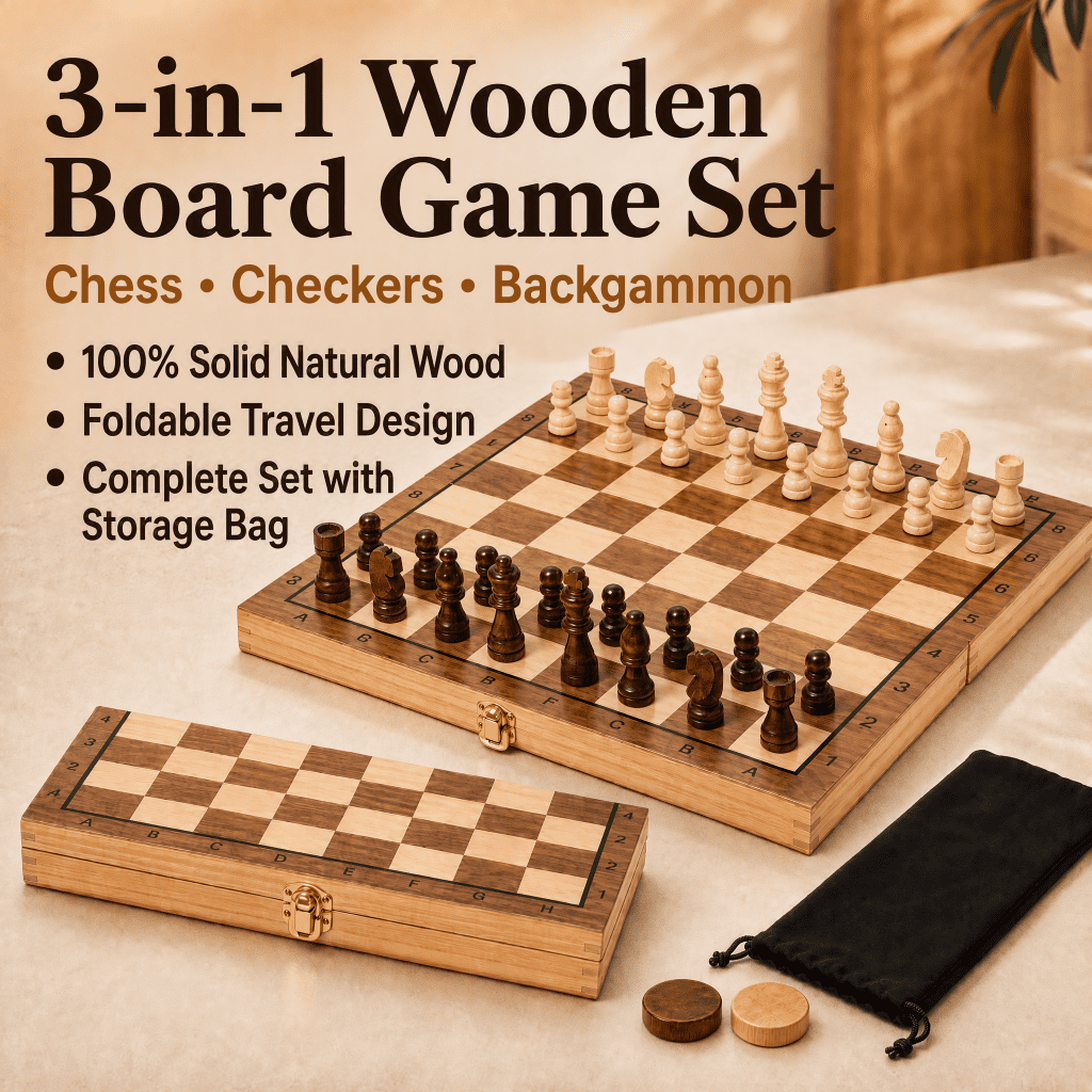 Doulami Chess Board, 3-in-1 Chess Checkers & Backgammon Set, Foldable Portable Travel Strategy Game, Eco-Friendly Solid Wood for Adults & Teens