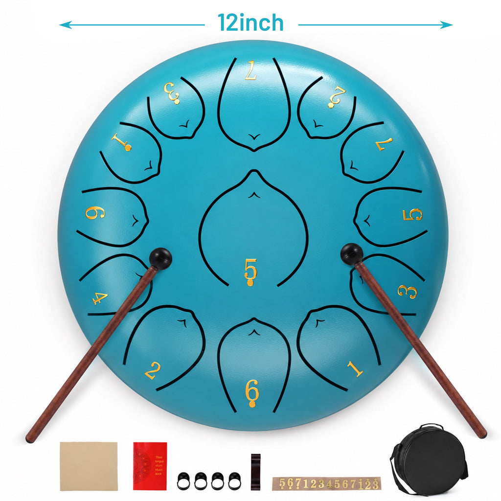 Doulami Tongue Drum 12" 13 Notes Steel Tongue Drum with Mallets and Carry Bag, C Major Hand Pan Drums, Blue