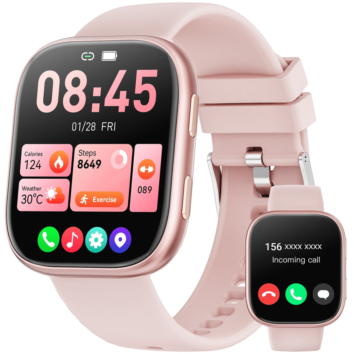 Smart Watch Fits for Android & iPhone, 1.85 inch Fitness Tracker, Men Womens Smartwatch with Make/Answer Calls/Message Reminder/100+ Sports Models, IP68 Waterproof Pedometer Watch, Perfect Gift, Pink