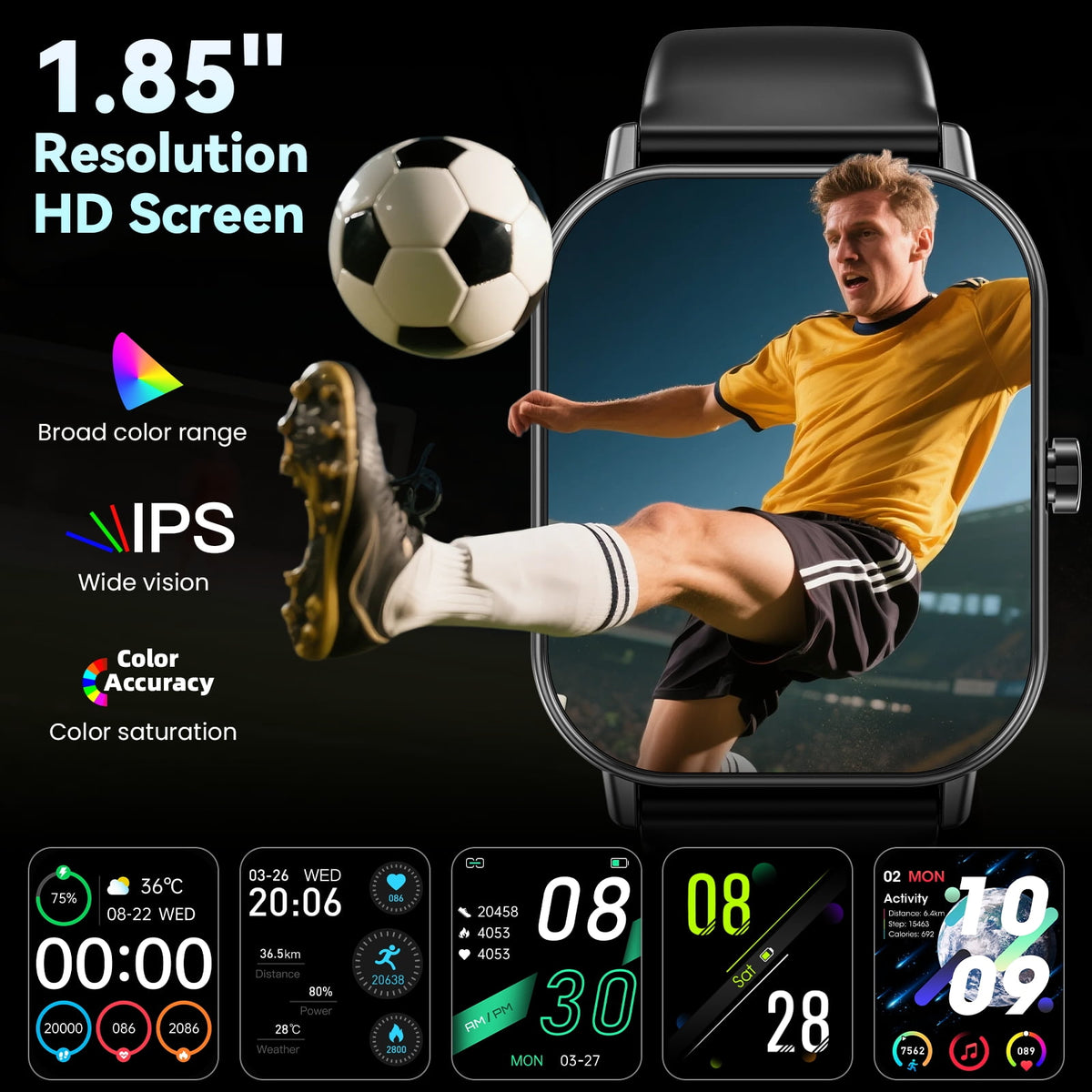 Smart Watch for Women Men, Fits for Android and IPhone Devices, Fitness Tracker/pedometer, 1.85-inch Smartwatch Gift, Answer/Make Calls/120 Sports Modes, IP68 Water-Resistant Fitness Watch (Black)