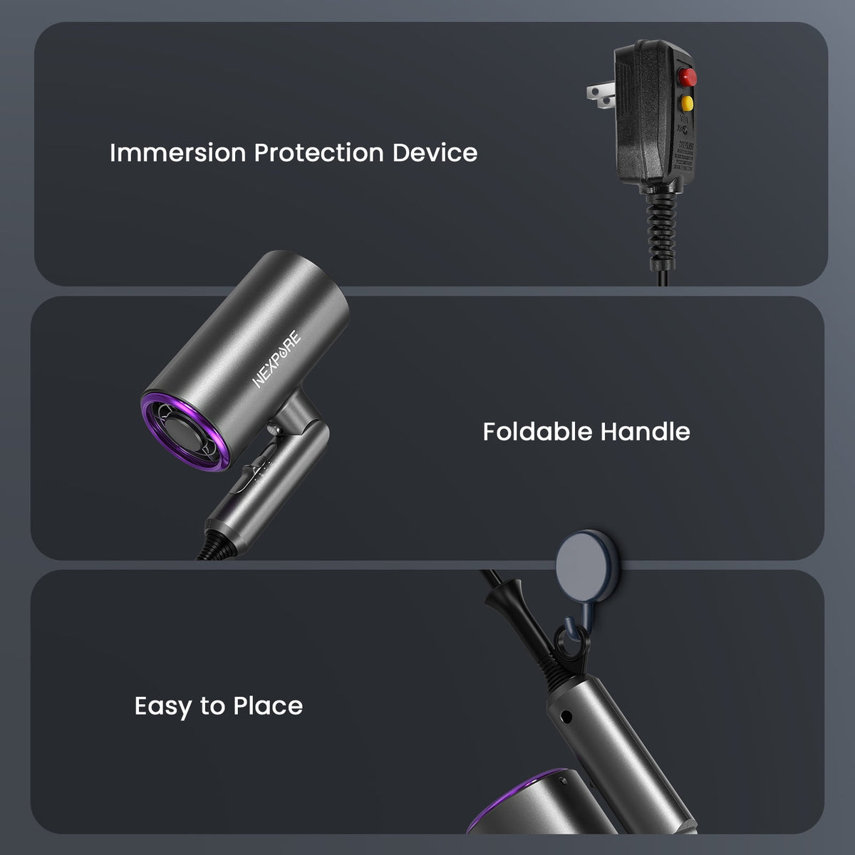 Hair Dryer, NEXPURE 1800W Professional Ionic Blow Dryer for Hair Care, Powerful Wind for Hair Drying, 2 Attachments, Grey
