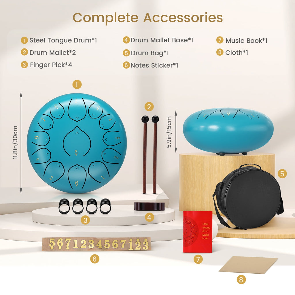 Doulami Tongue Drum 12" 13 Notes Steel Tongue Drum with Mallets and Carry Bag, C Major Hand Pan Drums, Blue