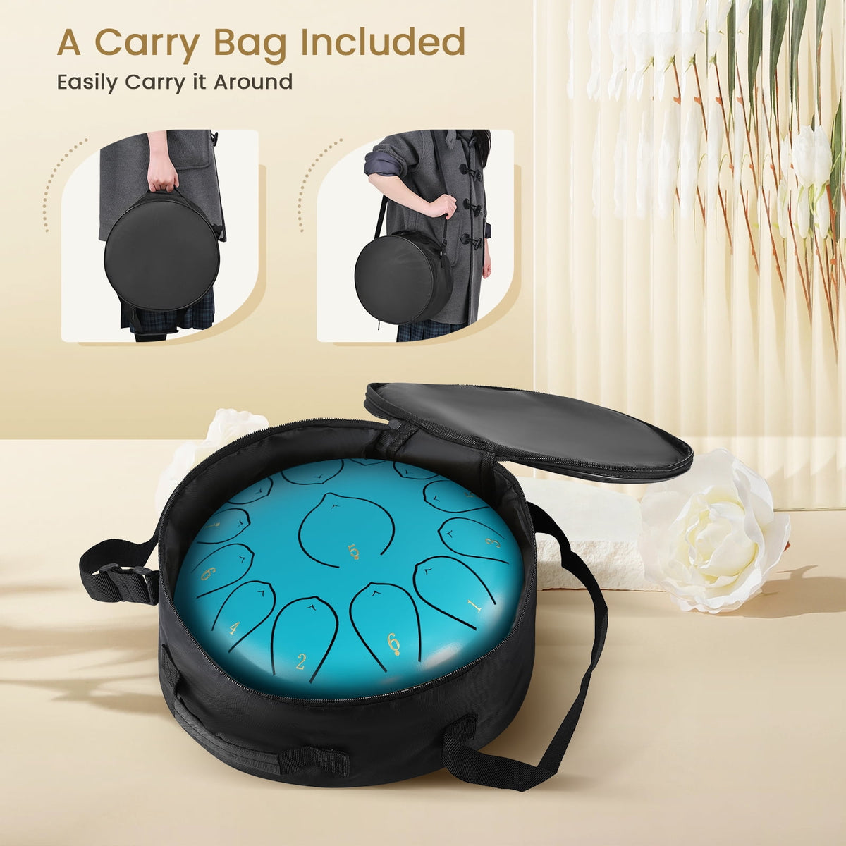 Doulami Tongue Drum 12" 13 Notes Steel Tongue Drum with Mallets and Carry Bag, C Major Hand Pan Drums, Blue
