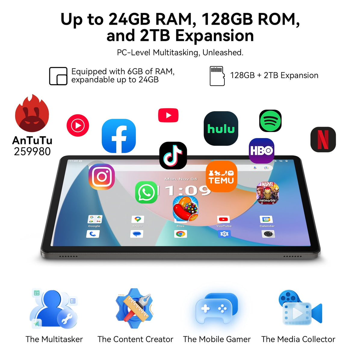 Android 16 AI Tablet,11 Inch Tablet with 24GB RAM 128GB ROM,Octa-Core T7250 Processor,90Hz Display,8000mAh Battery with Fast Charging & OTG Reverse Charge,Gemini AI Tablets