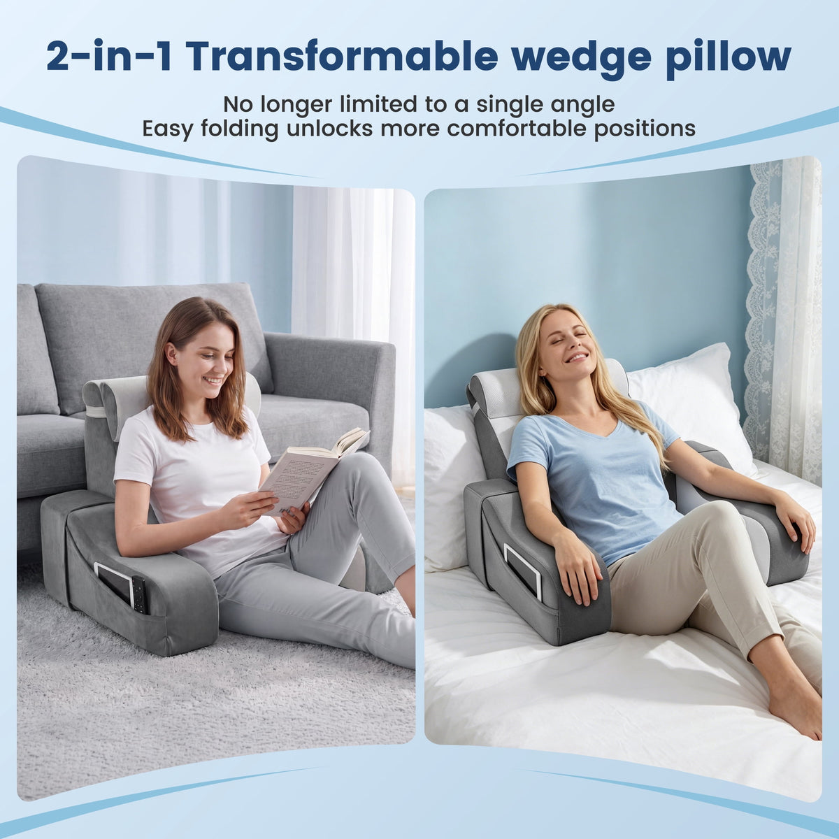AMTPM Reading Pillow with Armrests, 2-in-1 Wedge Reading Pillow, 20°-55° Adjustable Bed Rest Pillow with Armrests, Convertible Wedge Pillow for Reading, Gaming, TV