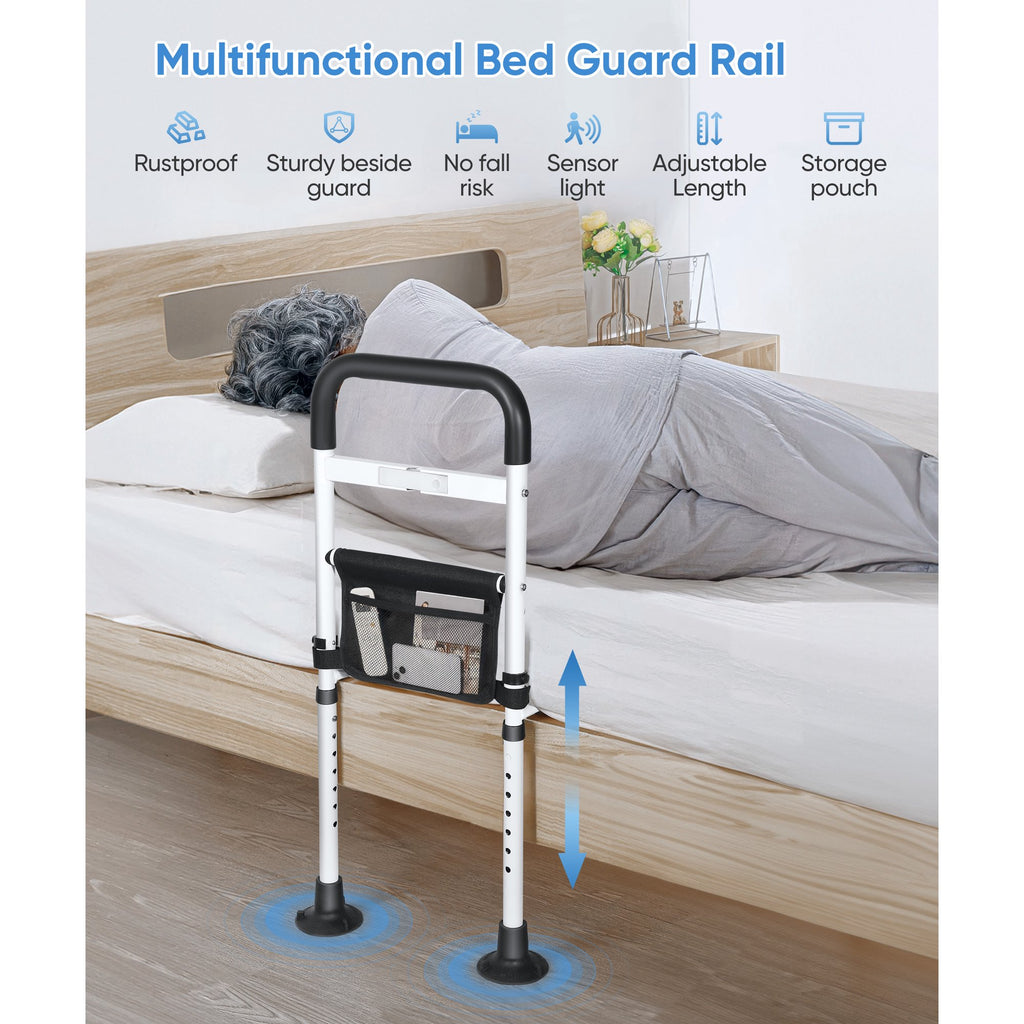 Doulami Bed Rails for Elderly Adults, Adjustable Assist Beds Rail for Senior with Storage Pocket & Motion Light